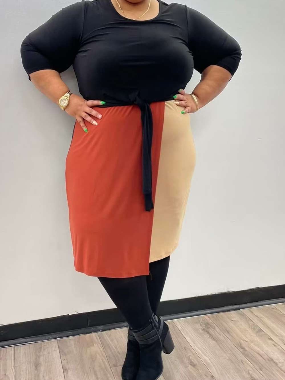 Ashley Stewart Colorblock Pencil Skirt Dress in Rust and Cream